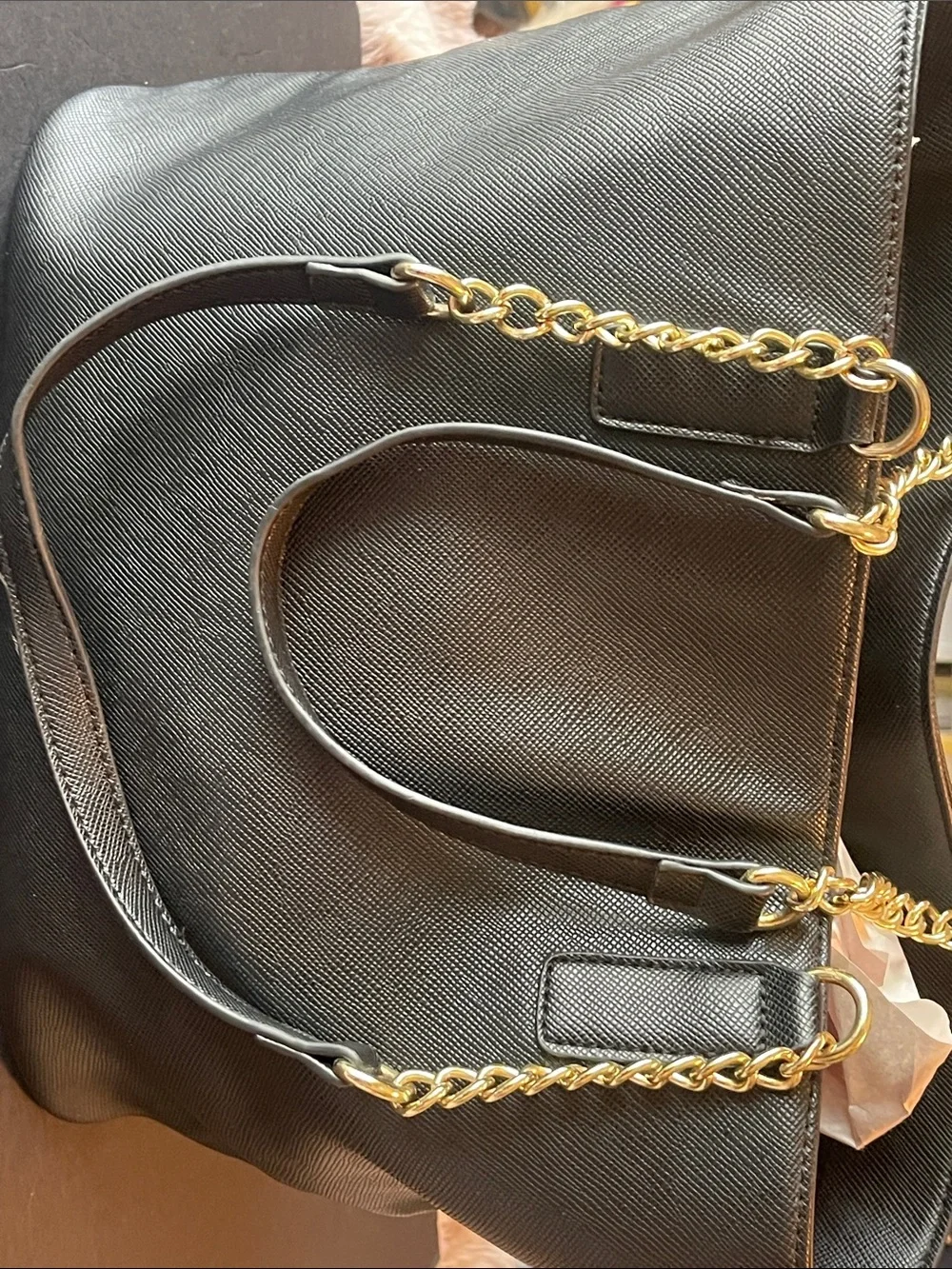 Kenneth Cole Black Saffiano Shoulder Bag with Gold Chain